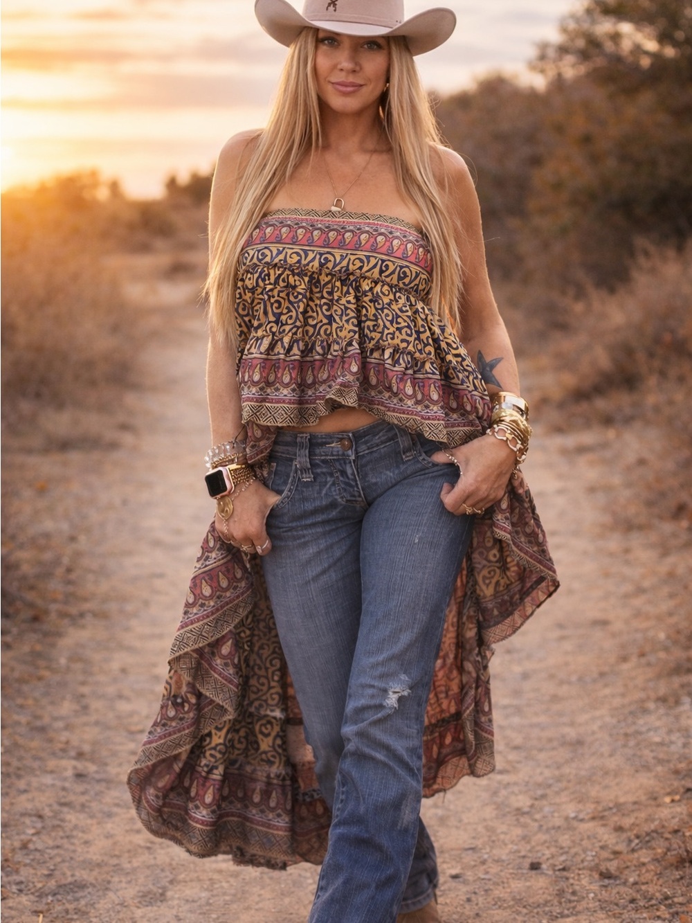 Boho Strapless High-Low Ruffle Top/skirt in Mustard & Rust